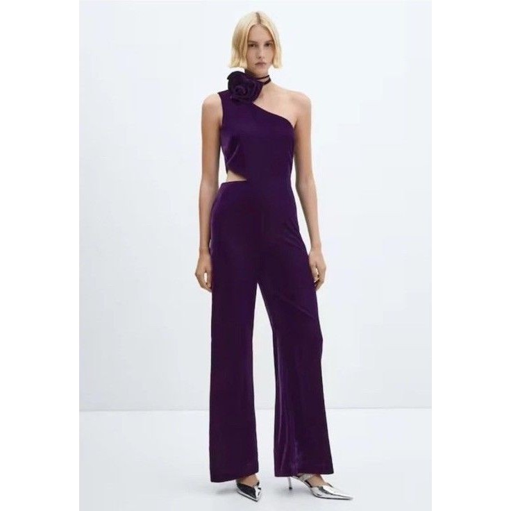 Mango Mng Velvet One-Shoulder Jumpsuit S Purple Flower Wide Leg Party Holiday